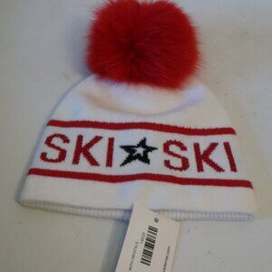 NWT Womens Tina Demel White, Red "Ski" Crystal Beanie Hat W/Fox Fur Ball